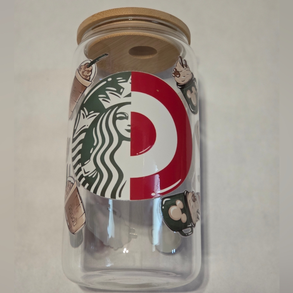 16oz Starbucks and Target Themed Glass Can with Bamboo Lid